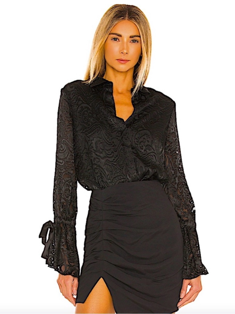 Alice + Olivia Willa Ruffle Cuff Paisley Lace Button-Front Blouse with Tie Cuffs